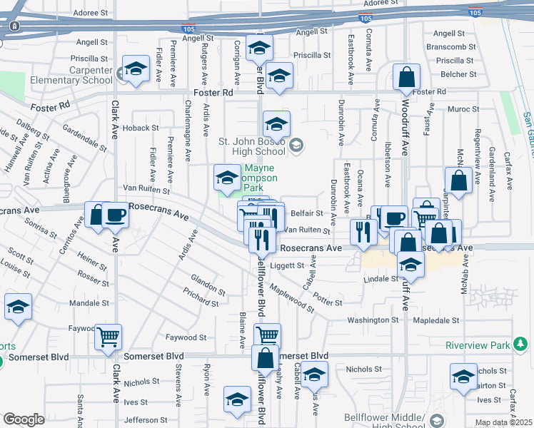map of restaurants, bars, coffee shops, grocery stores, and more near 14130 Bellflower Boulevard in Bellflower