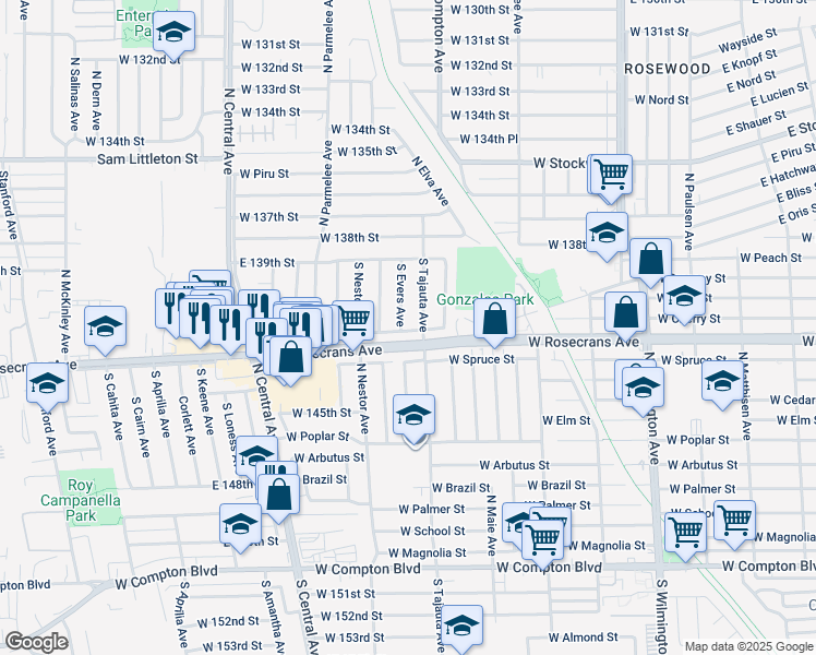 map of restaurants, bars, coffee shops, grocery stores, and more near 1316 Rosecrans Avenue in Compton