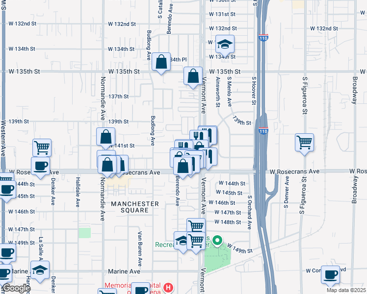 map of restaurants, bars, coffee shops, grocery stores, and more near 14057 Ruby Lane in Gardena