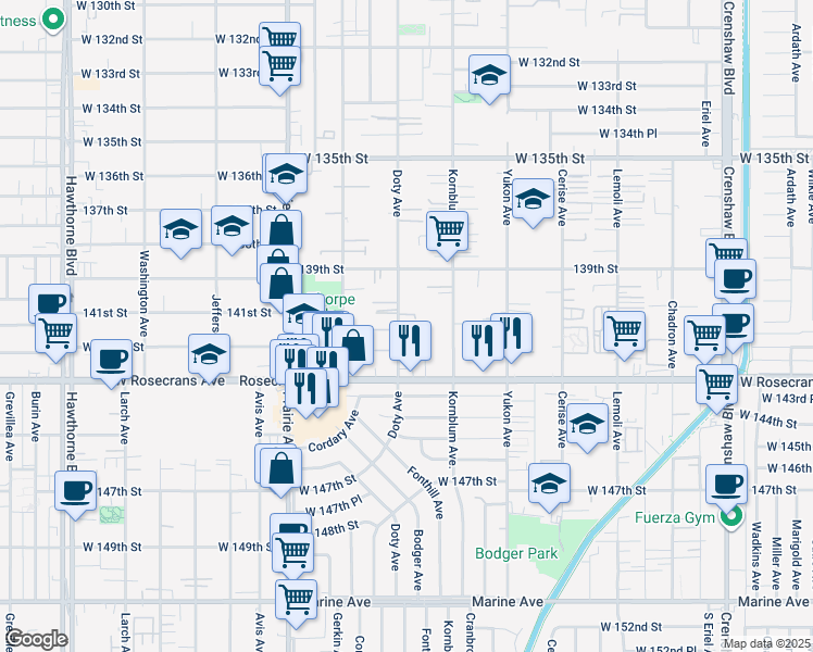 map of restaurants, bars, coffee shops, grocery stores, and more near 14119 Doty Avenue in Hawthorne