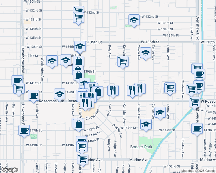 map of restaurants, bars, coffee shops, grocery stores, and more near 14027 Doty Avenue in Hawthorne