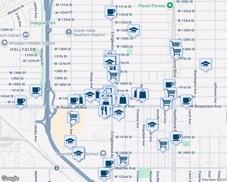map of restaurants, bars, coffee shops, grocery stores, and more near 4759 West 142nd Street in Hawthorne