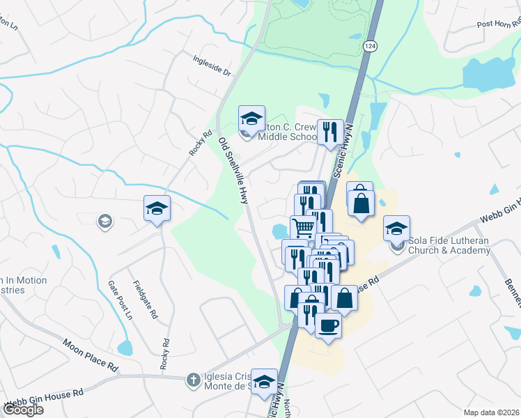map of restaurants, bars, coffee shops, grocery stores, and more near 1687 Overview Circle Southwest in Lawrenceville