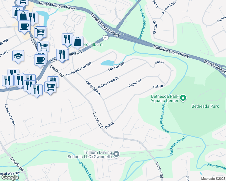 map of restaurants, bars, coffee shops, grocery stores, and more near 3425 Poplar Drive in Lawrenceville