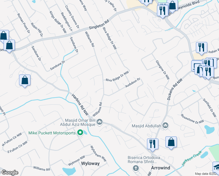 map of restaurants, bars, coffee shops, grocery stores, and more near 5367 Williams Road in Norcross