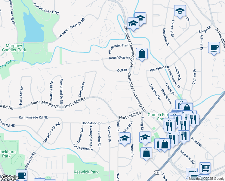 map of restaurants, bars, coffee shops, grocery stores, and more near 3803 Mill Creek Court in Atlanta