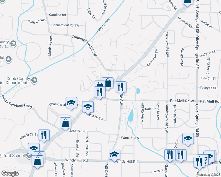map of restaurants, bars, coffee shops, grocery stores, and more near 438 Pat Mell Road West in Marietta