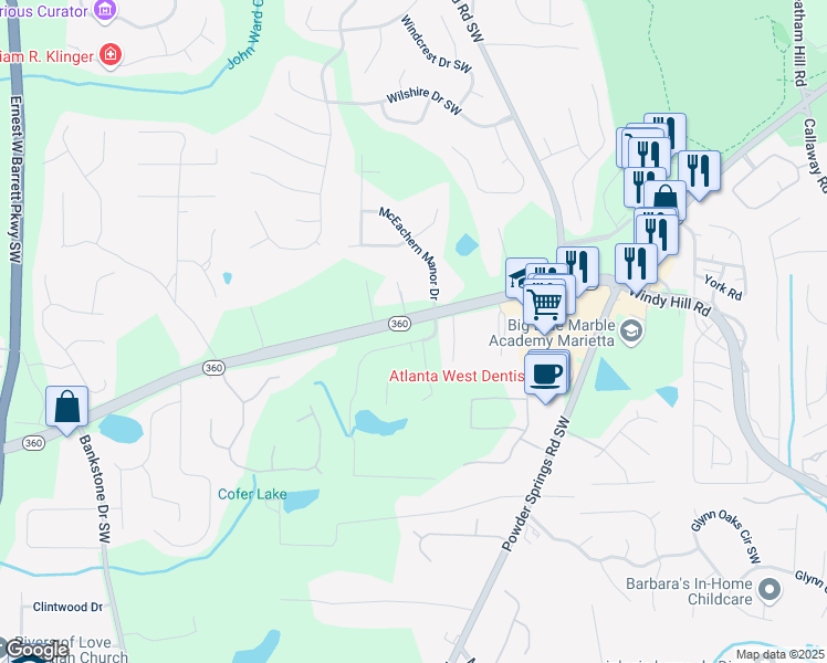 map of restaurants, bars, coffee shops, grocery stores, and more near 1960 Freestone Way in Marietta