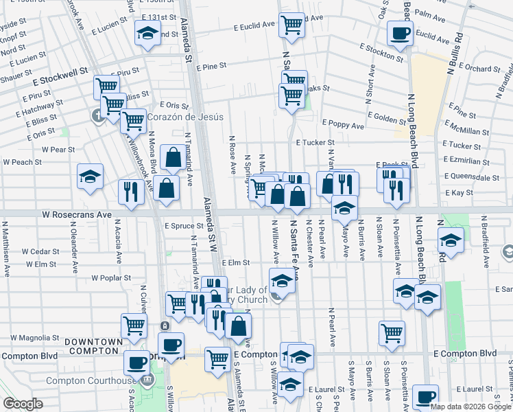 map of restaurants, bars, coffee shops, grocery stores, and more near 509 East Rosecrans Avenue in Compton