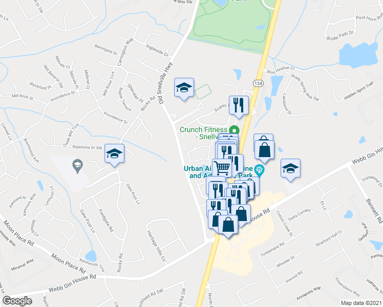 map of restaurants, bars, coffee shops, grocery stores, and more near 1687 Overview Circle Southwest in Lawrenceville