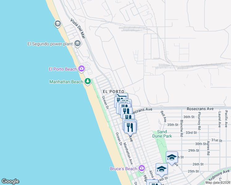 map of restaurants, bars, coffee shops, grocery stores, and more near 4104 Highland Avenue in Manhattan Beach
