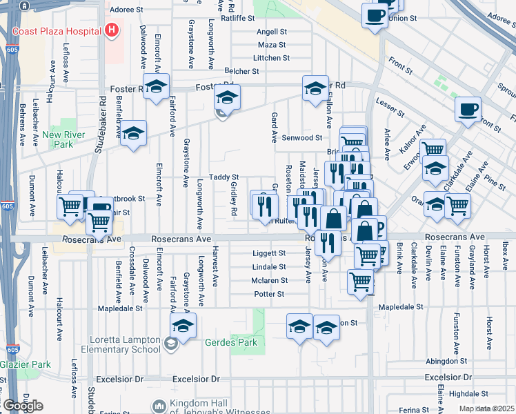 map of restaurants, bars, coffee shops, grocery stores, and more near 14029 Summer Avenue in Norwalk