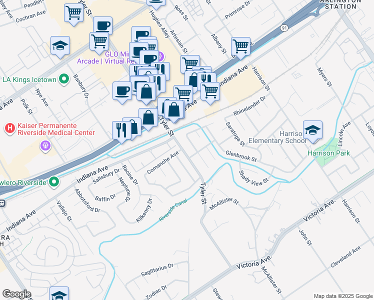 map of restaurants, bars, coffee shops, grocery stores, and more near 3267 Tyler Street in Riverside