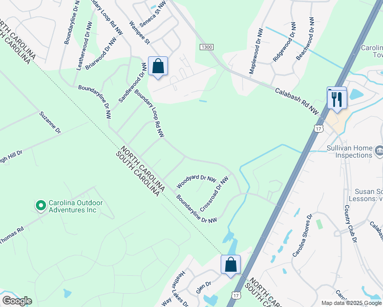 map of restaurants, bars, coffee shops, grocery stores, and more near 206 Boundary Loop Road Northwest in Calabash