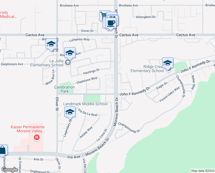 map of restaurants, bars, coffee shops, grocery stores, and more near 27932 John F Kennedy Drive in Moreno Valley