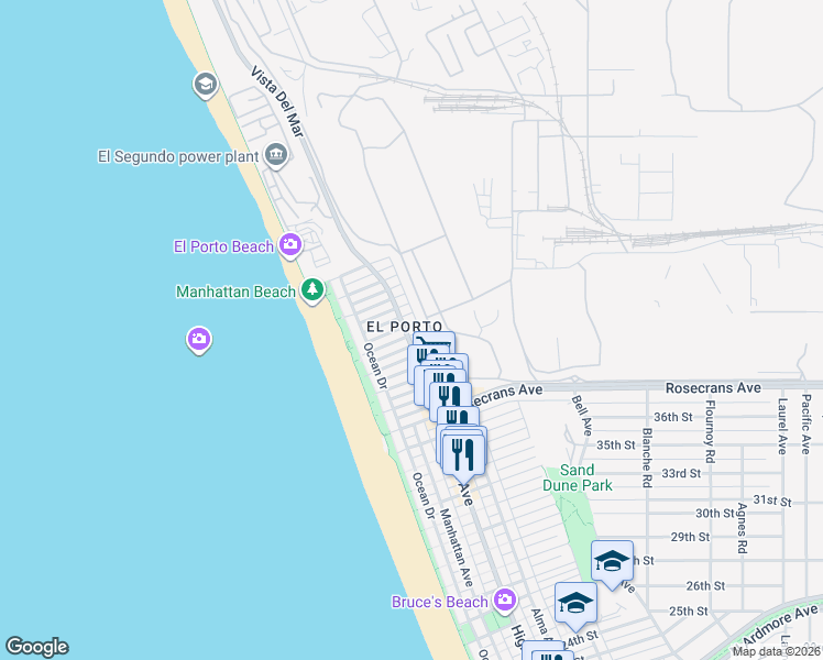 map of restaurants, bars, coffee shops, grocery stores, and more near 4104 Highland Avenue in Manhattan Beach