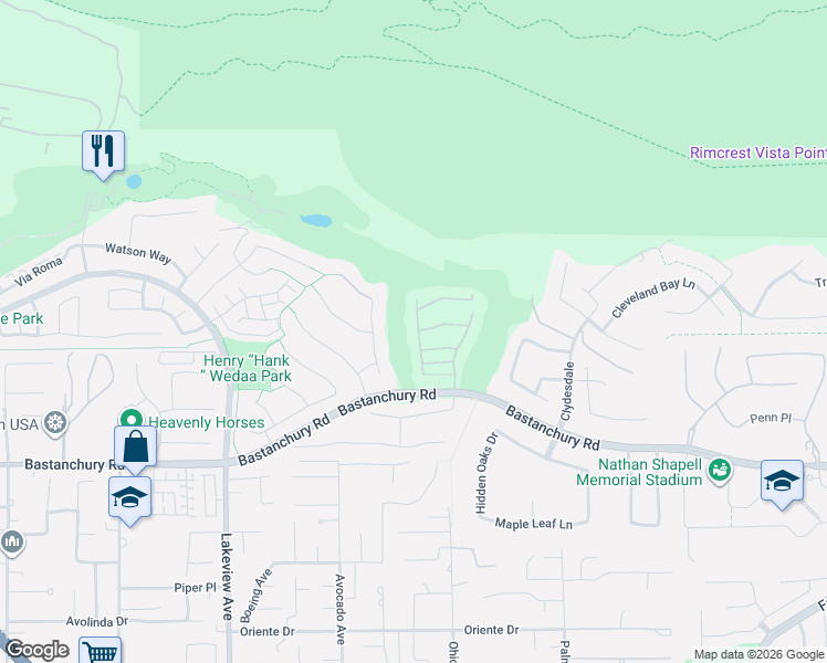 map of restaurants, bars, coffee shops, grocery stores, and more near 4025 Balmoral Drive in Yorba Linda