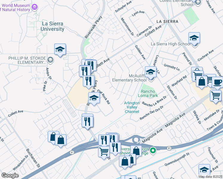 map of restaurants, bars, coffee shops, grocery stores, and more near 11570 Parkwell Court in Riverside