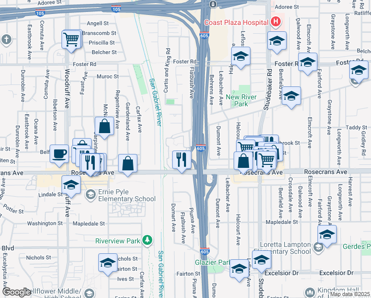 map of restaurants, bars, coffee shops, grocery stores, and more near 14027 Bayside Drive in Norwalk