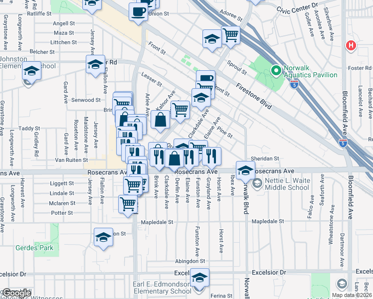 map of restaurants, bars, coffee shops, grocery stores, and more near 11989 Sycamore Street in Norwalk