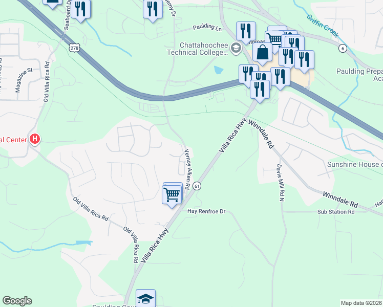 map of restaurants, bars, coffee shops, grocery stores, and more near 368 Vernoy Aiken Road in Dallas