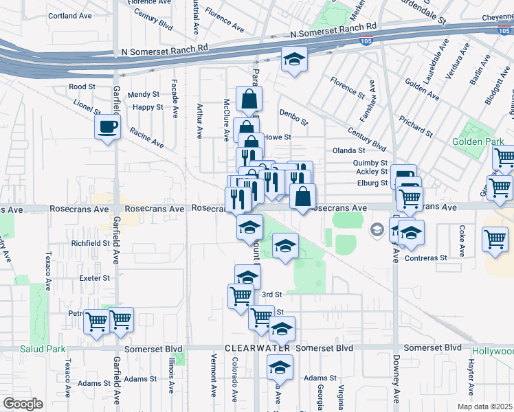 map of restaurants, bars, coffee shops, grocery stores, and more near Rosecrans Avenue & Paramount Boulevard in Paramount