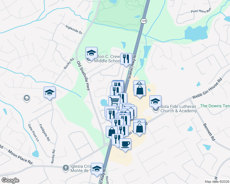 map of restaurants, bars, coffee shops, grocery stores, and more near 1270 Leisure Lake Drive in Lawrenceville