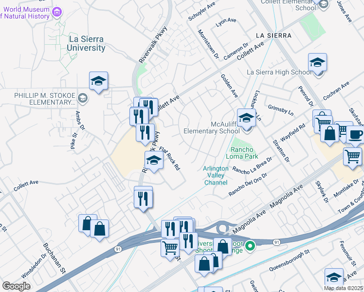map of restaurants, bars, coffee shops, grocery stores, and more near 11570 Parkwell Court in Riverside