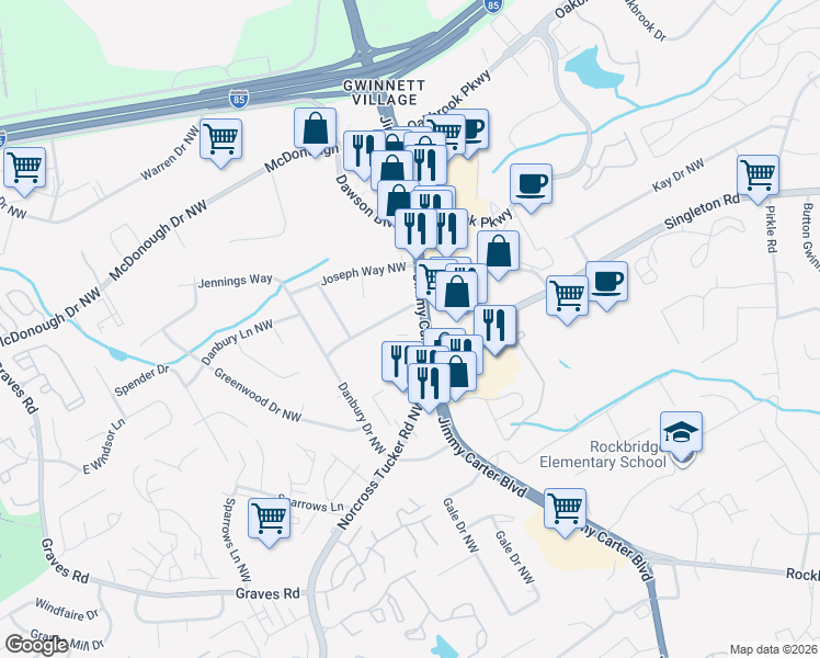 map of restaurants, bars, coffee shops, grocery stores, and more near 6231 Hayes Drive Northwest in Norcross