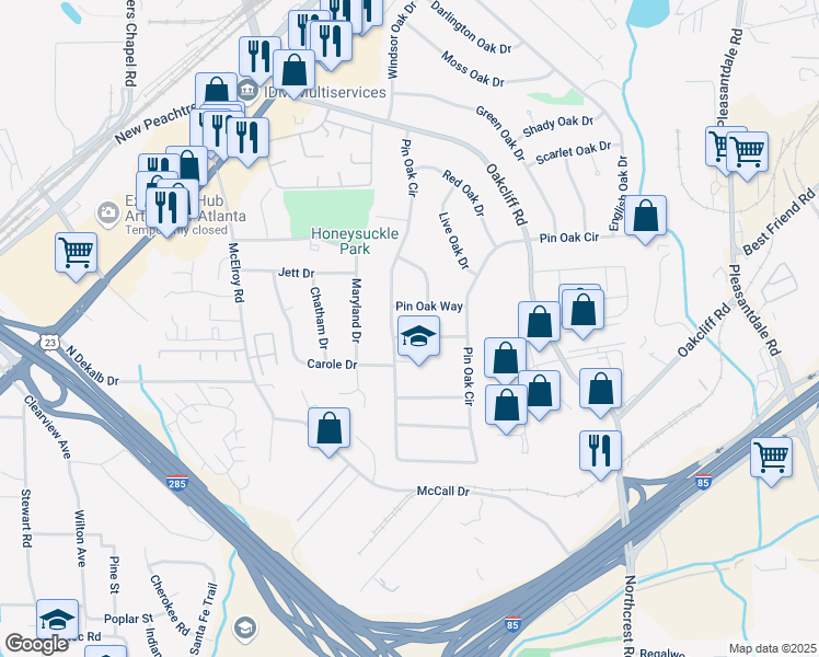 map of restaurants, bars, coffee shops, grocery stores, and more near 3140 Pin Oak Way in Doraville