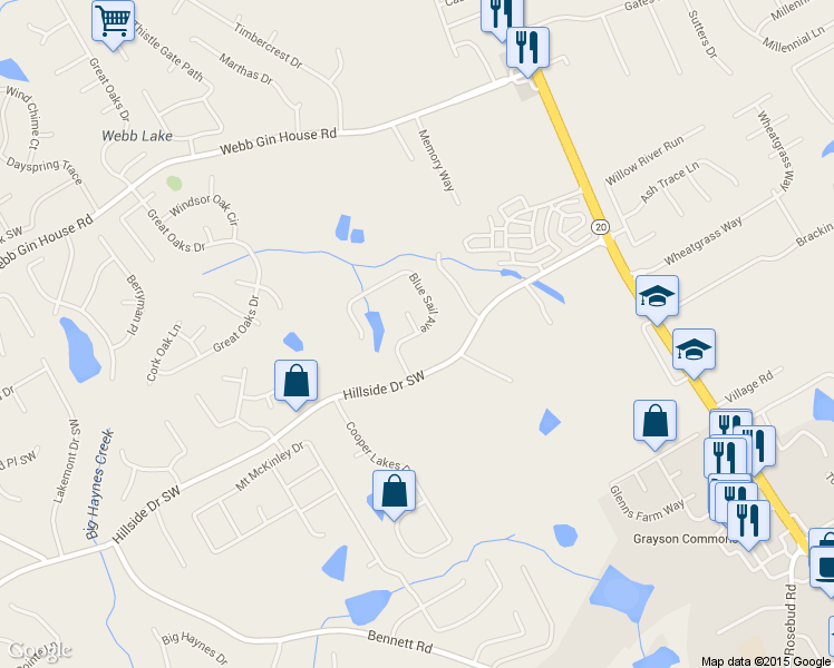 map of restaurants, bars, coffee shops, grocery stores, and more near 1566 Blue Sail Avenue in Grayson