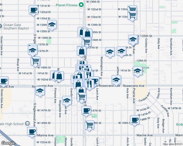 map of restaurants, bars, coffee shops, grocery stores, and more near 4370 West 141st Street in Hawthorne