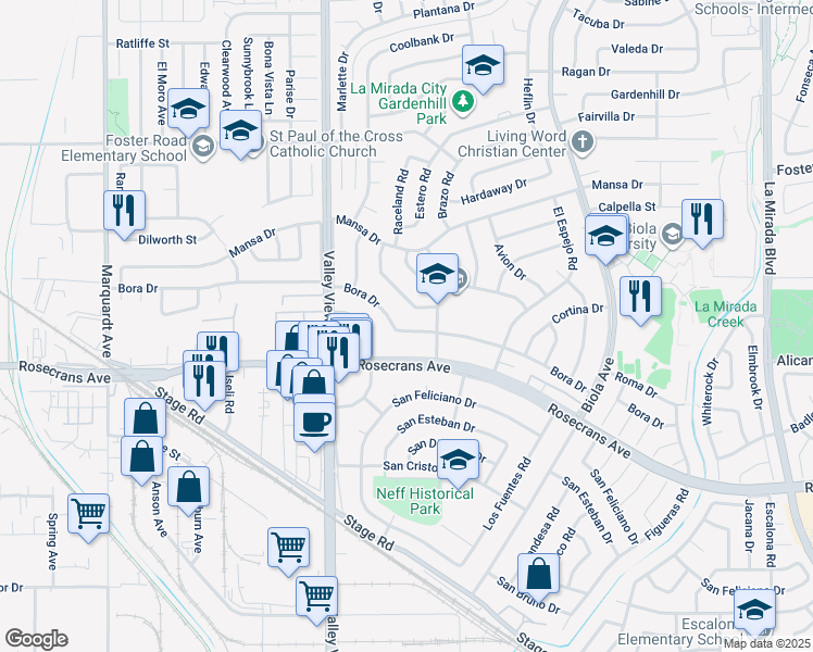 map of restaurants, bars, coffee shops, grocery stores, and more near 14351 Bora Drive in La Mirada
