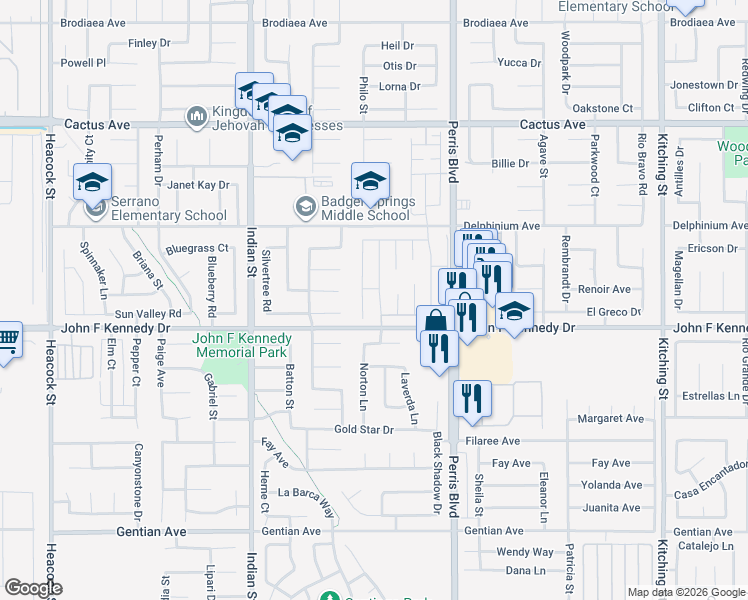 map of restaurants, bars, coffee shops, grocery stores, and more near 14939 Vinehill Street in Moreno Valley