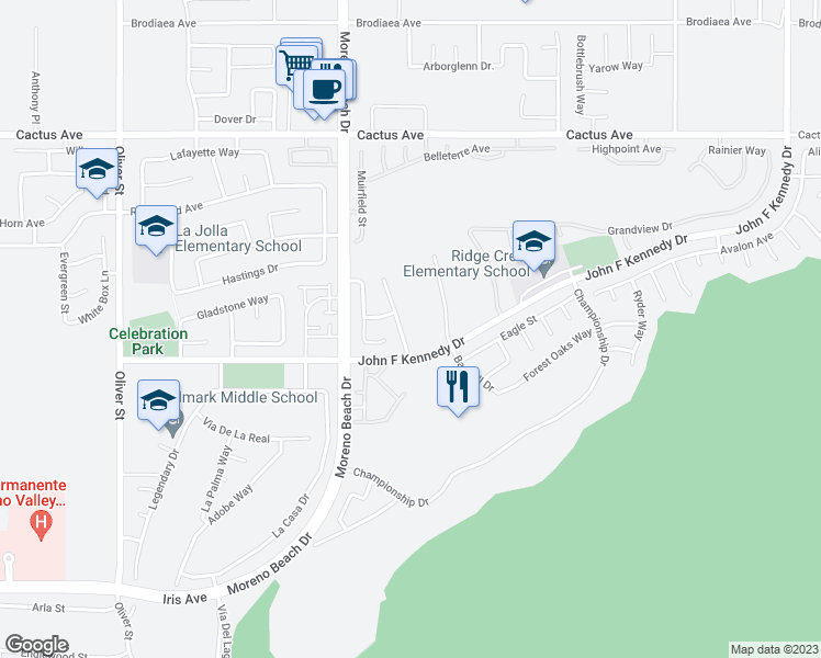 map of restaurants, bars, coffee shops, grocery stores, and more near 14924 Stephenson Street in Moreno Valley
