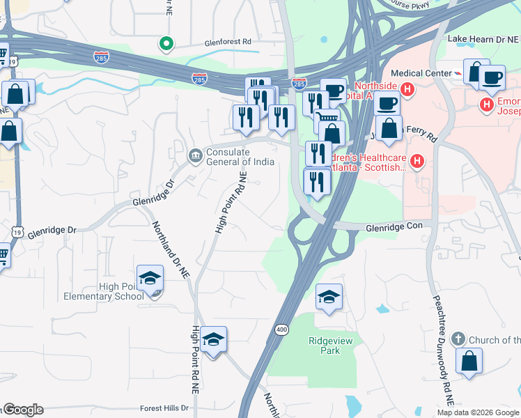 map of restaurants, bars, coffee shops, grocery stores, and more near 5440 Shiver Summit Northeast in Atlanta