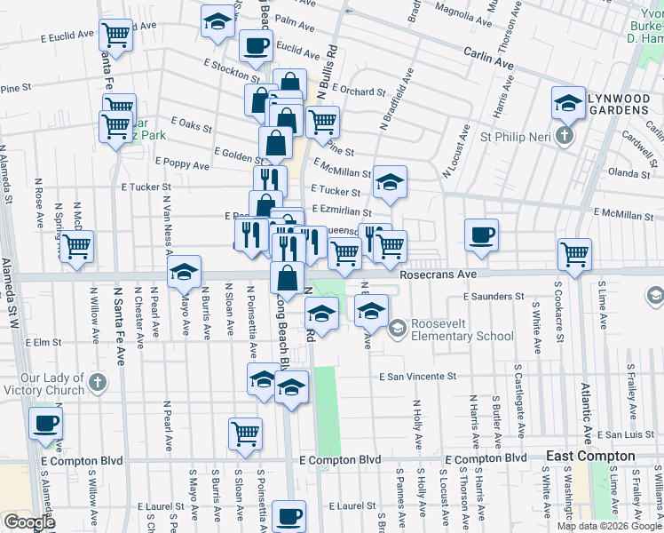 map of restaurants, bars, coffee shops, grocery stores, and more near 1515 Rosecrans Avenue in Compton
