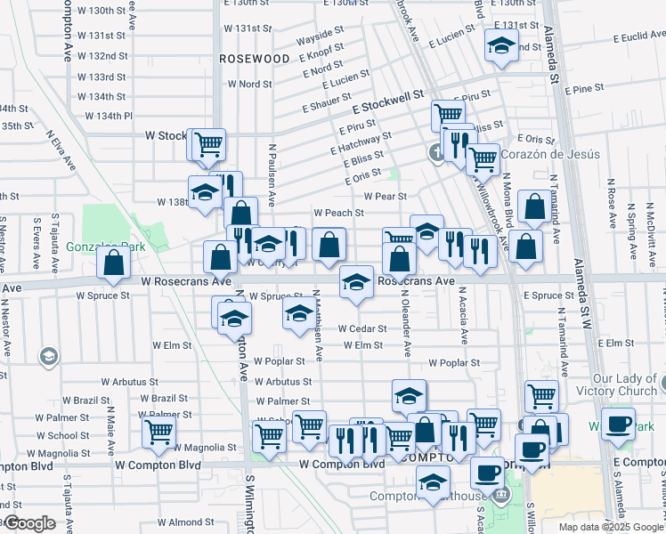 map of restaurants, bars, coffee shops, grocery stores, and more near 514 West Plum Street in Compton