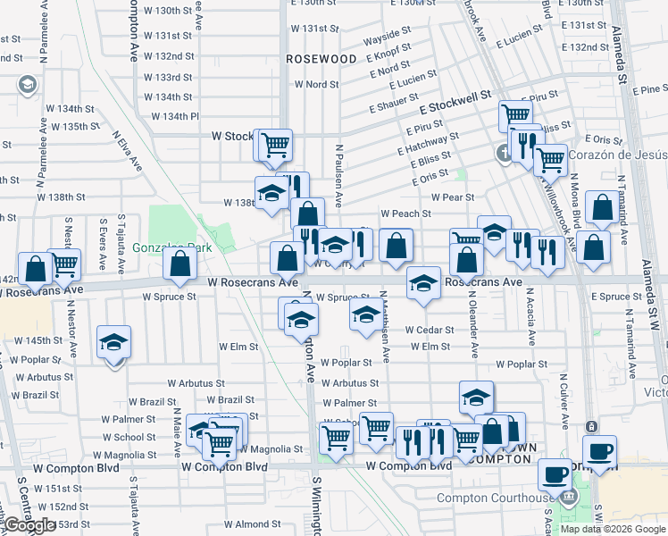 map of restaurants, bars, coffee shops, grocery stores, and more near 710 West Cherry Street in Compton