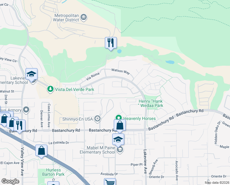map of restaurants, bars, coffee shops, grocery stores, and more near 18211 Joel Brattain Drive in Yorba Linda