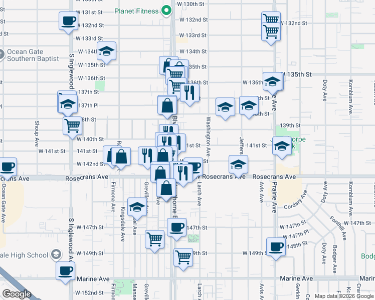 map of restaurants, bars, coffee shops, grocery stores, and more near 4370 West 141st Street in Hawthorne