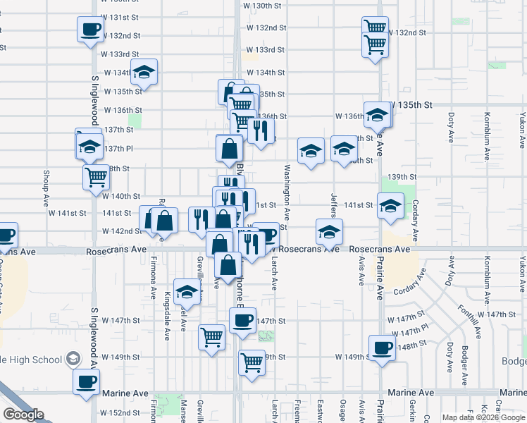 map of restaurants, bars, coffee shops, grocery stores, and more near 4364 West 141st Street in Hawthorne