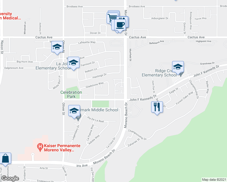 map of restaurants, bars, coffee shops, grocery stores, and more near 27920 John F Kennedy Drive in Moreno Valley