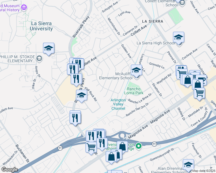 map of restaurants, bars, coffee shops, grocery stores, and more near 11488 Brookrun Court in Riverside