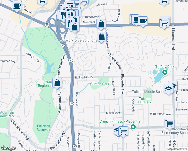 map of restaurants, bars, coffee shops, grocery stores, and more near 2940 Sparrow Drive in Fullerton