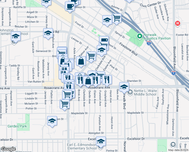 map of restaurants, bars, coffee shops, grocery stores, and more near 11989 Sycamore Street in Norwalk
