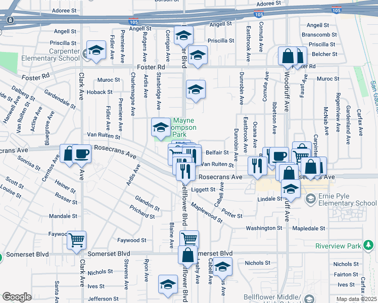 map of restaurants, bars, coffee shops, grocery stores, and more near 14008 Bellflower Boulevard in Bellflower