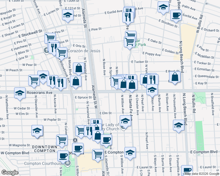 map of restaurants, bars, coffee shops, grocery stores, and more near 1214 North Rose Avenue in Compton