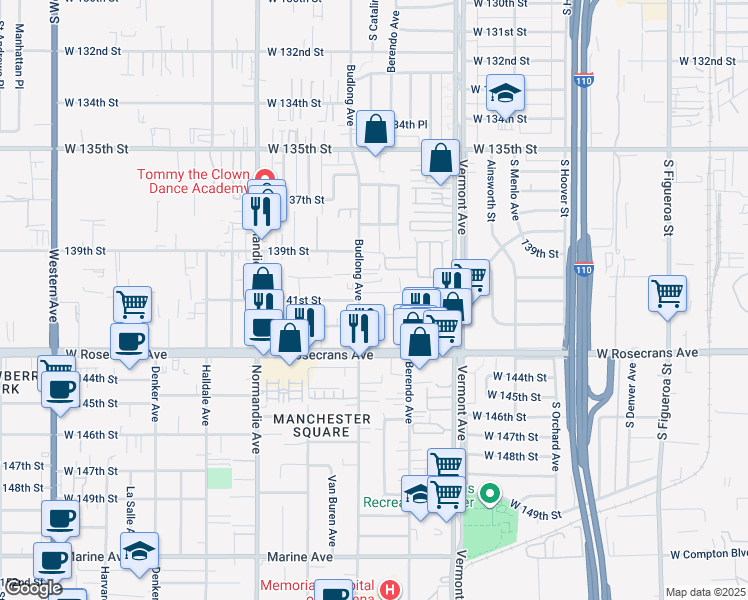map of restaurants, bars, coffee shops, grocery stores, and more near 14006 Budlong Avenue in Gardena