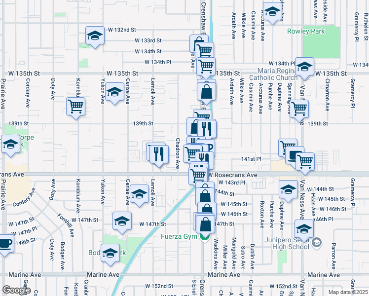 map of restaurants, bars, coffee shops, grocery stores, and more near 14005 Crenshaw Boulevard in Hawthorne